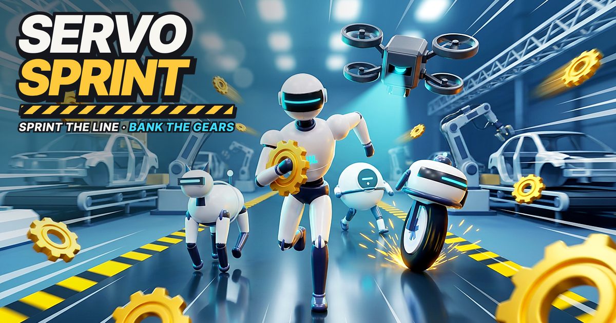 Servo Sprint key art: the robot Unit 07 sprints down the factory line grabbing a gear, with the robots Pup-4, Mag-Bot and Rover, chased by the Foreman drone