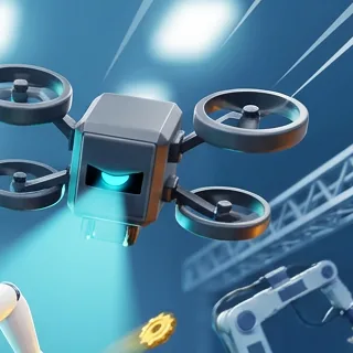 The Foreman's drone, a graphite quadcopter with a cyan eye and a searchlight