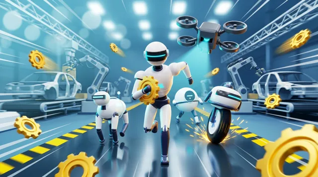 Clean key art without text: the robots on the factory line, chased by the Foreman's drone