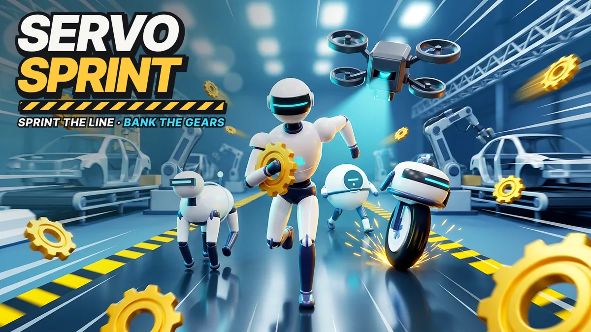 Servo Sprint key art: the robot Unit 07 sprints down the factory line grabbing a gear, with Pup-4, Mag-Bot and Rover, chased by the Foreman's drone