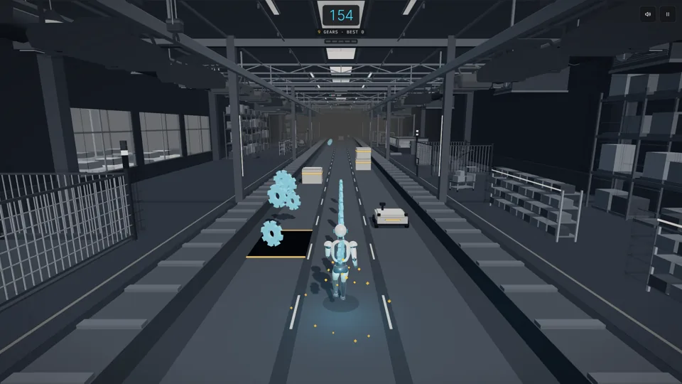 Unit 07 runs down the line toward crates and a robot arm