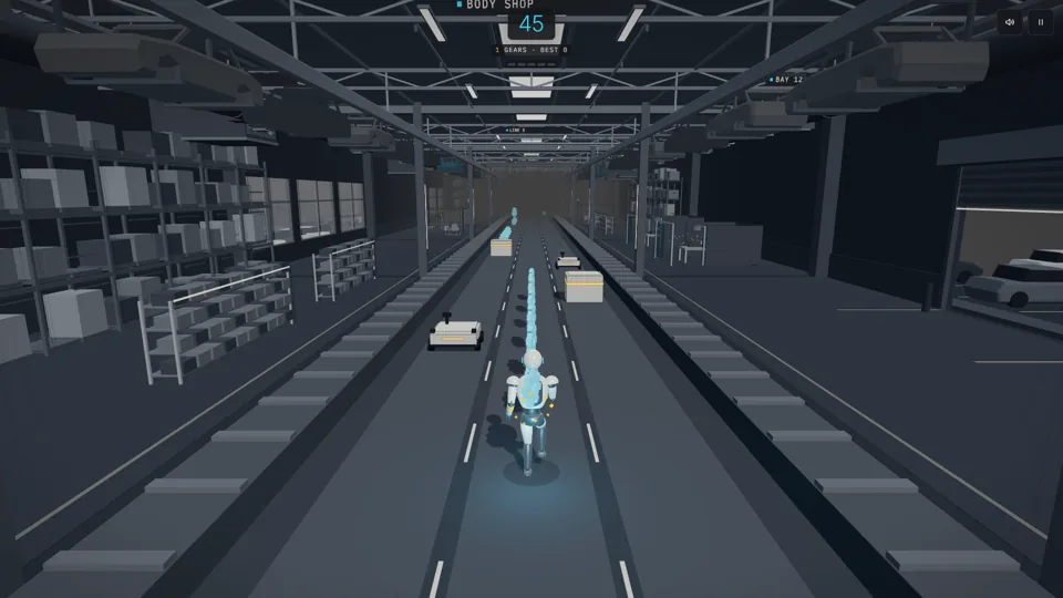 Running the factory line past conveyors and shelving